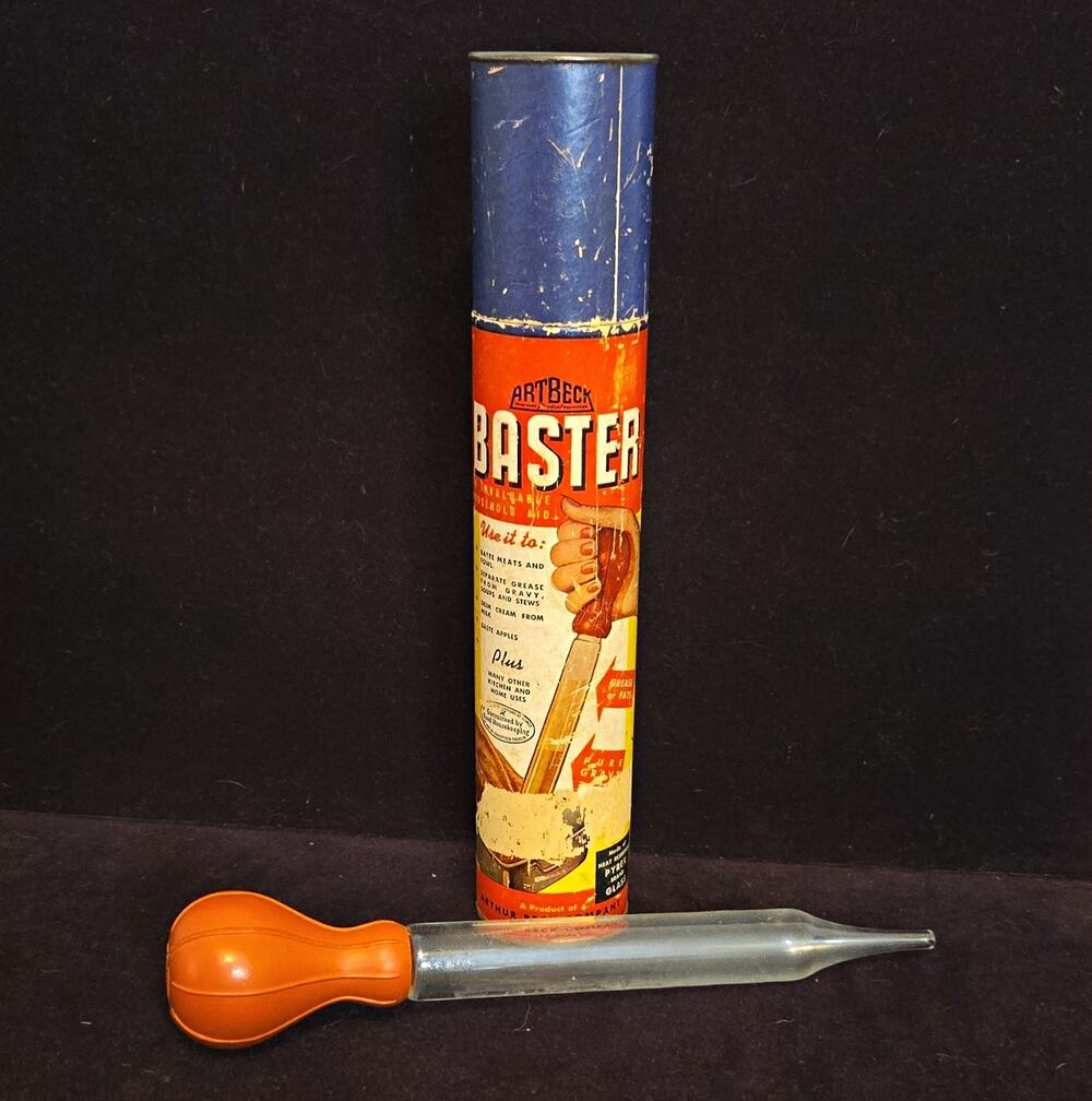 Vtg 1946 ARTBECK BASTER Pyrex Glass & Rubber Bulb Original Litho Storage Tube